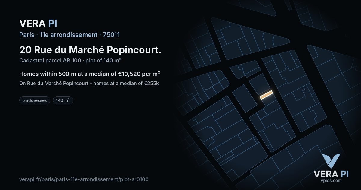 20 Rue du Marché Popincourt, 11e arrondissement at night – the plot lit, the parcels around coloured by the prices near them