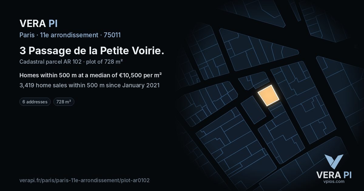 3 Passage de la Petite Voirie, 11e arrondissement at night – the plot lit, the parcels around coloured by the prices near them