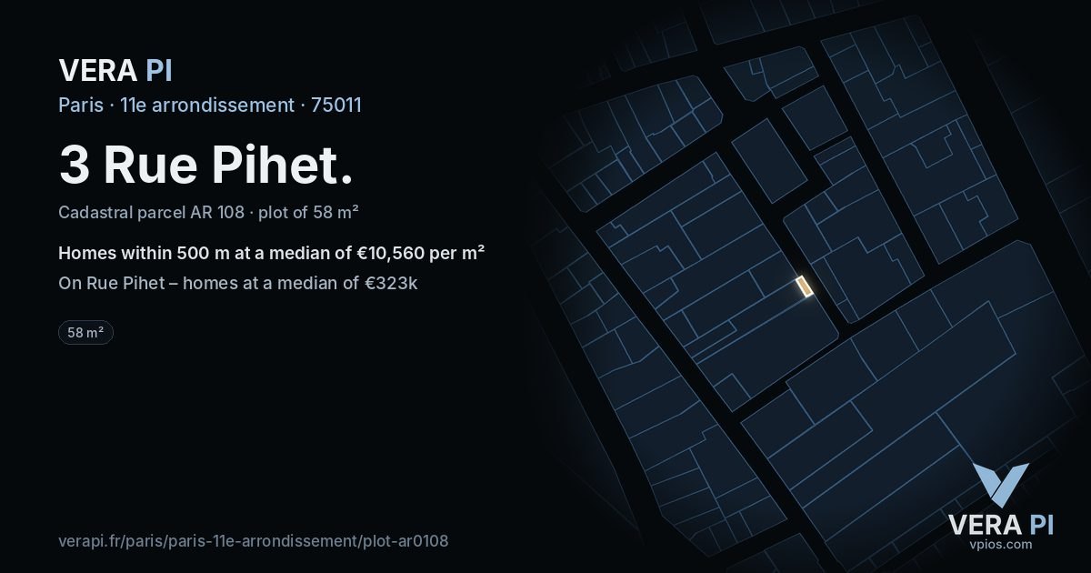 3 Rue Pihet, 11e arrondissement at night – the plot lit, the parcels around coloured by the prices near them