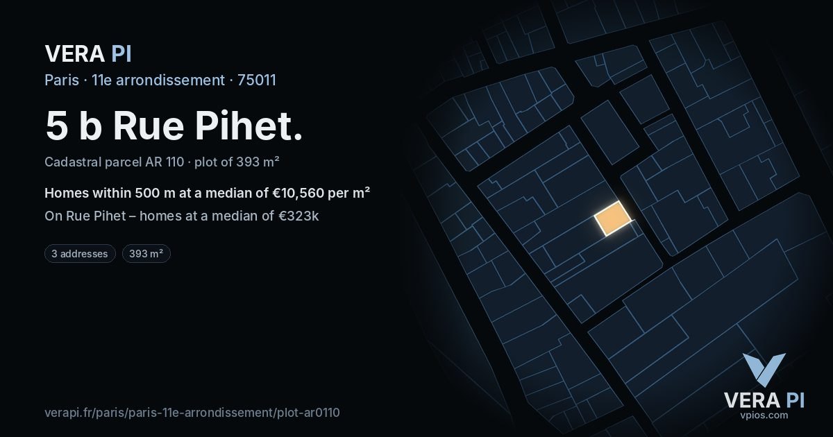 5 b Rue Pihet, 11e arrondissement at night – the plot lit, the parcels around coloured by the prices near them