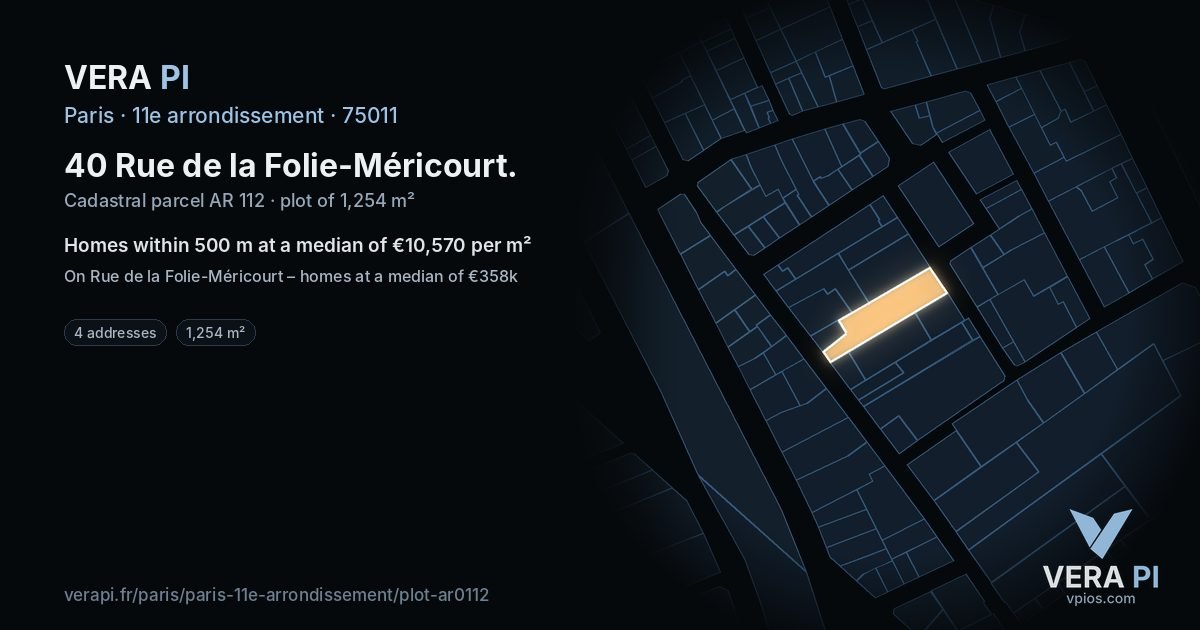 40 Rue de la Folie-Méricourt, 11e arrondissement at night – the plot lit, the parcels around coloured by the prices near them
