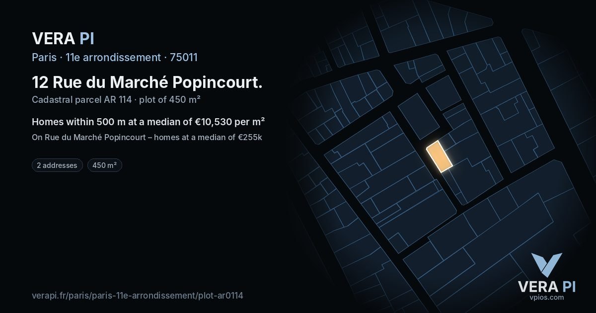 12 Rue du Marché Popincourt, 11e arrondissement at night – the plot lit, the parcels around coloured by the prices near them