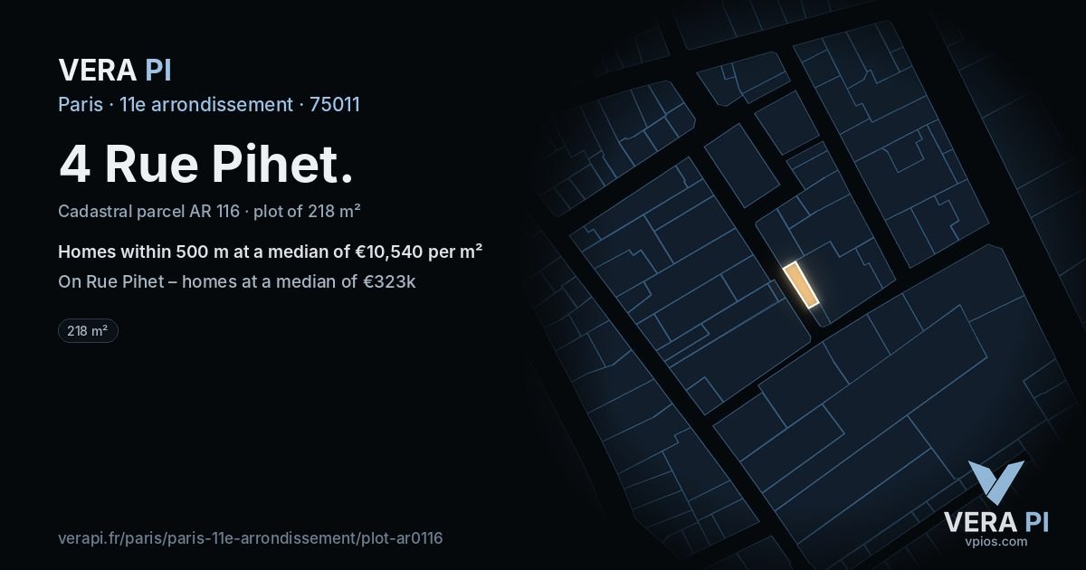 4 Rue Pihet, 11e arrondissement at night – the plot lit, the parcels around coloured by the prices near them