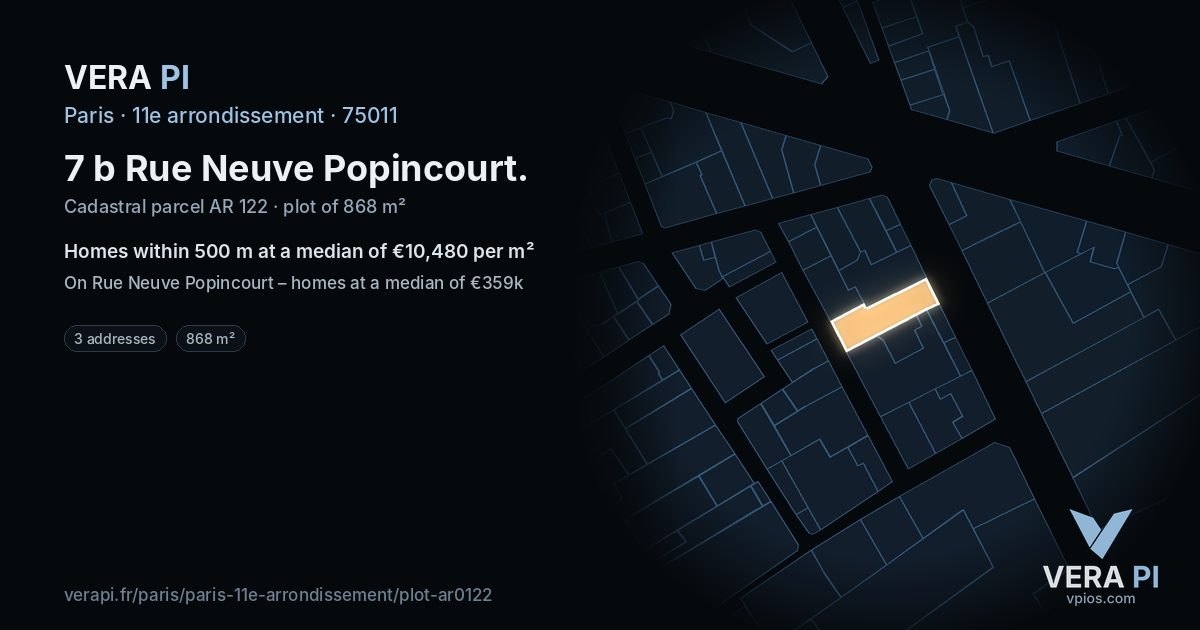 7 b Rue Neuve Popincourt, 11e arrondissement at night – the plot lit, the parcels around coloured by the prices near them