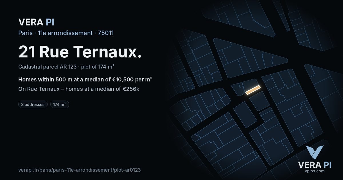 21 Rue Ternaux, 11e arrondissement at night – the plot lit, the parcels around coloured by the prices near them