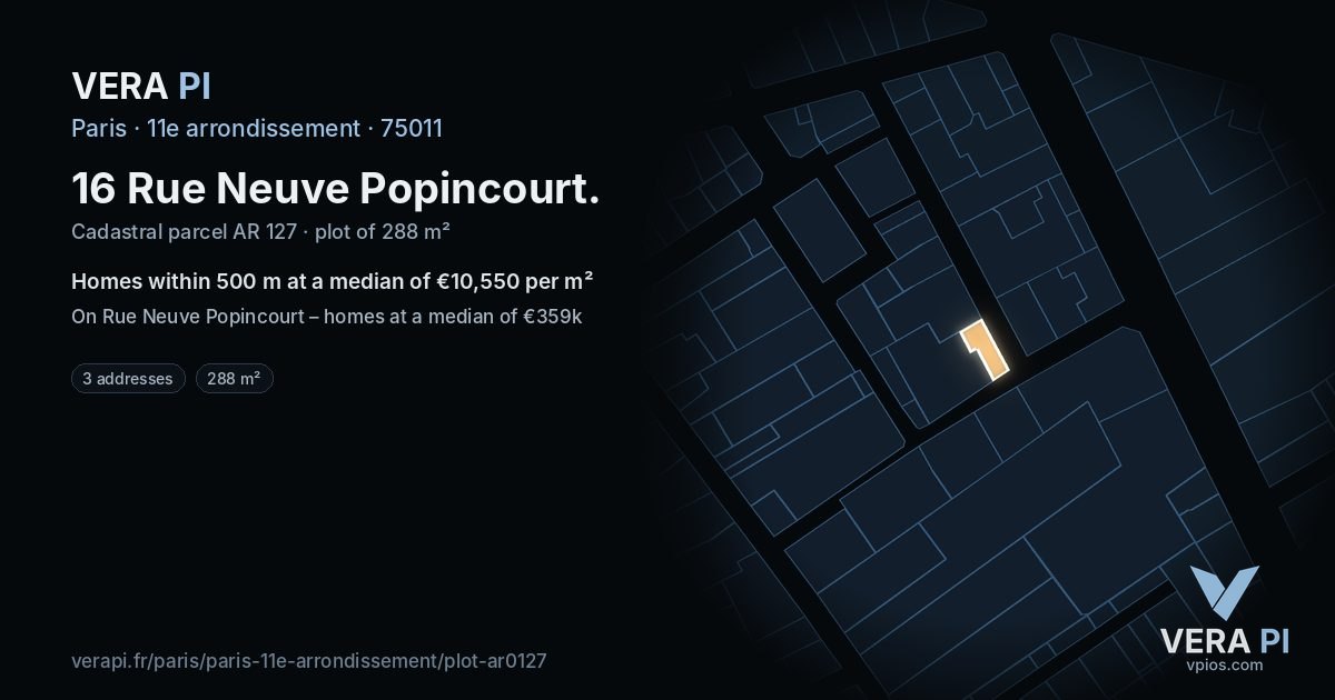 16 Rue Neuve Popincourt, 11e arrondissement at night – the plot lit, the parcels around coloured by the prices near them