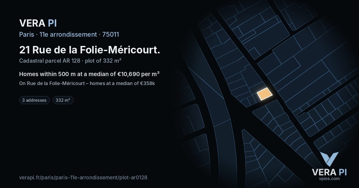 21 Rue de la Folie-Méricourt, 11e arrondissement at night – the plot lit, the parcels around coloured by the prices near them
