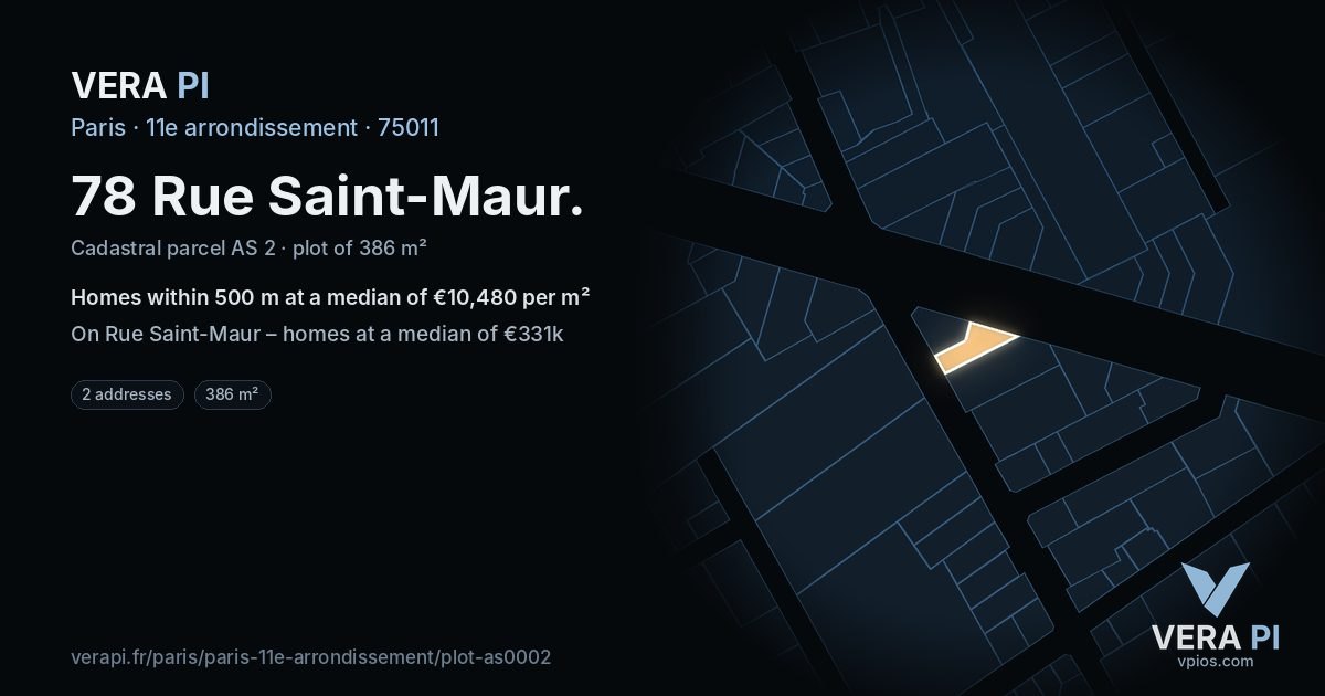 78 Rue Saint-Maur, 11e arrondissement at night – the plot lit, the parcels around coloured by the prices near them