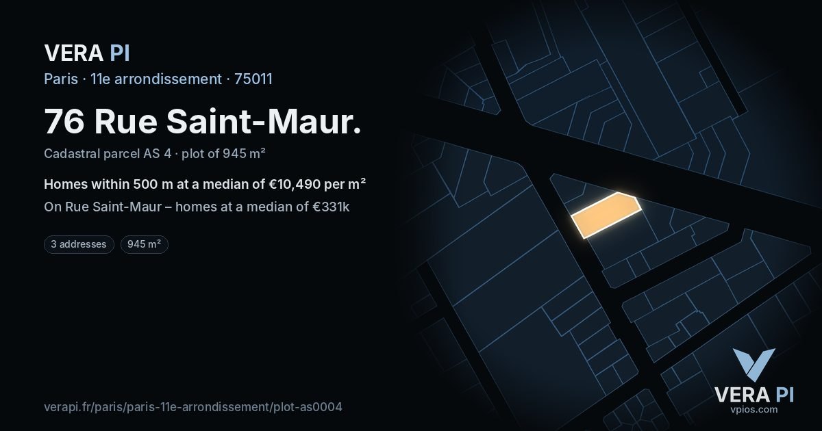 76 Rue Saint-Maur, 11e arrondissement at night – the plot lit, the parcels around coloured by the prices near them