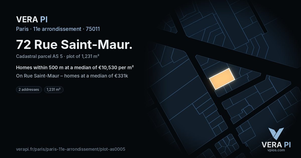 72 Rue Saint-Maur, 11e arrondissement at night – the plot lit, the parcels around coloured by the prices near them