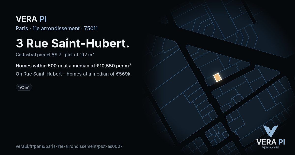 3 Rue Saint-Hubert, 11e arrondissement at night – the plot lit, the parcels around coloured by the prices near them