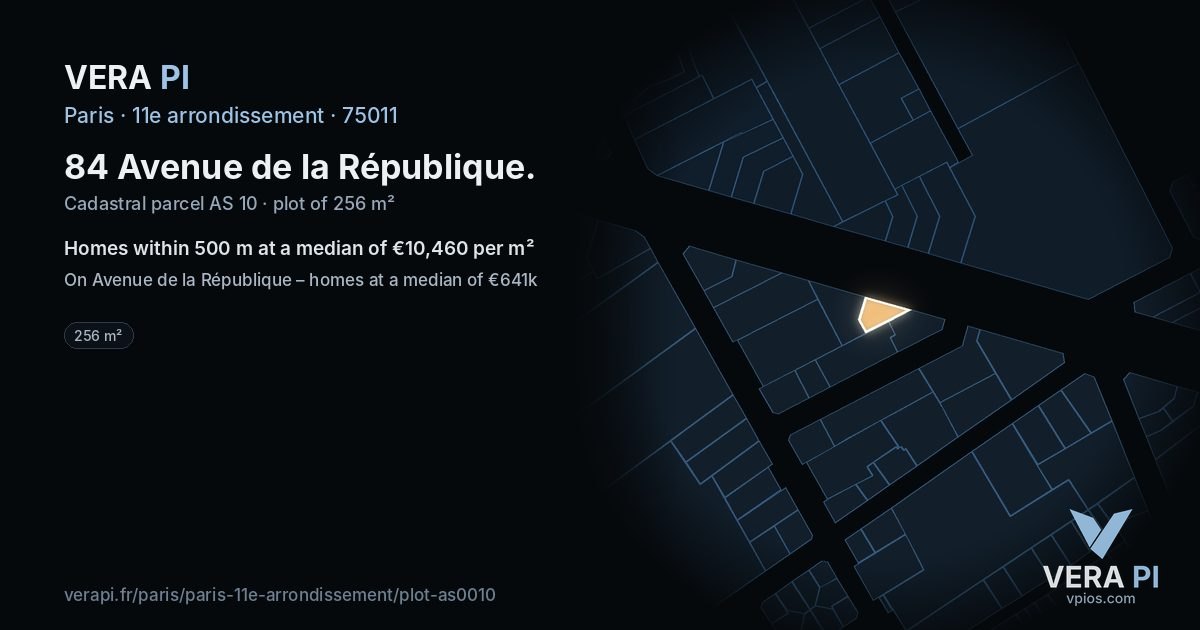 84 Avenue de la République, 11e arrondissement at night – the plot lit, the parcels around coloured by the prices near them