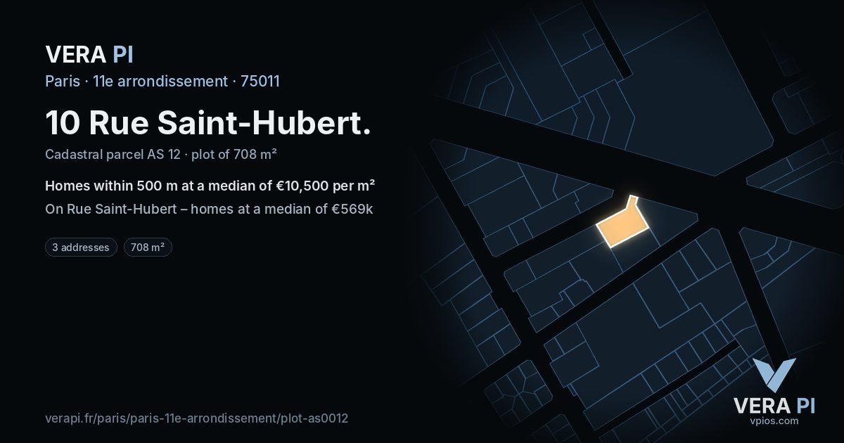 10 Rue Saint-Hubert, 11e arrondissement at night – the plot lit, the parcels around coloured by the prices near them