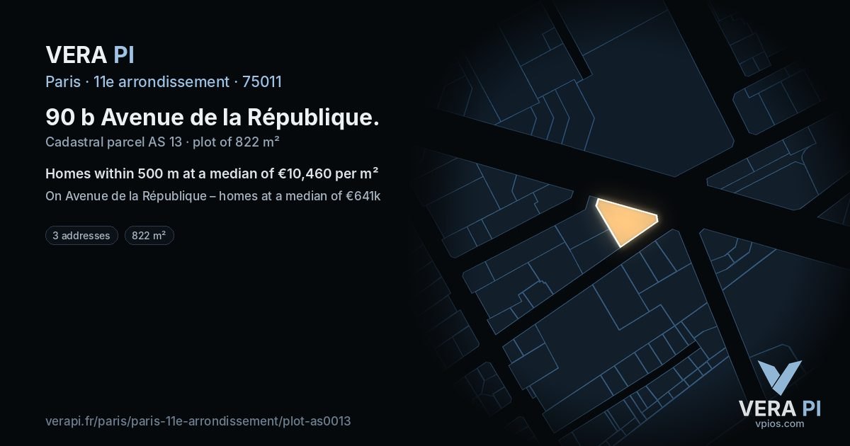 90 b Avenue de la République, 11e arrondissement at night – the plot lit, the parcels around coloured by the prices near them