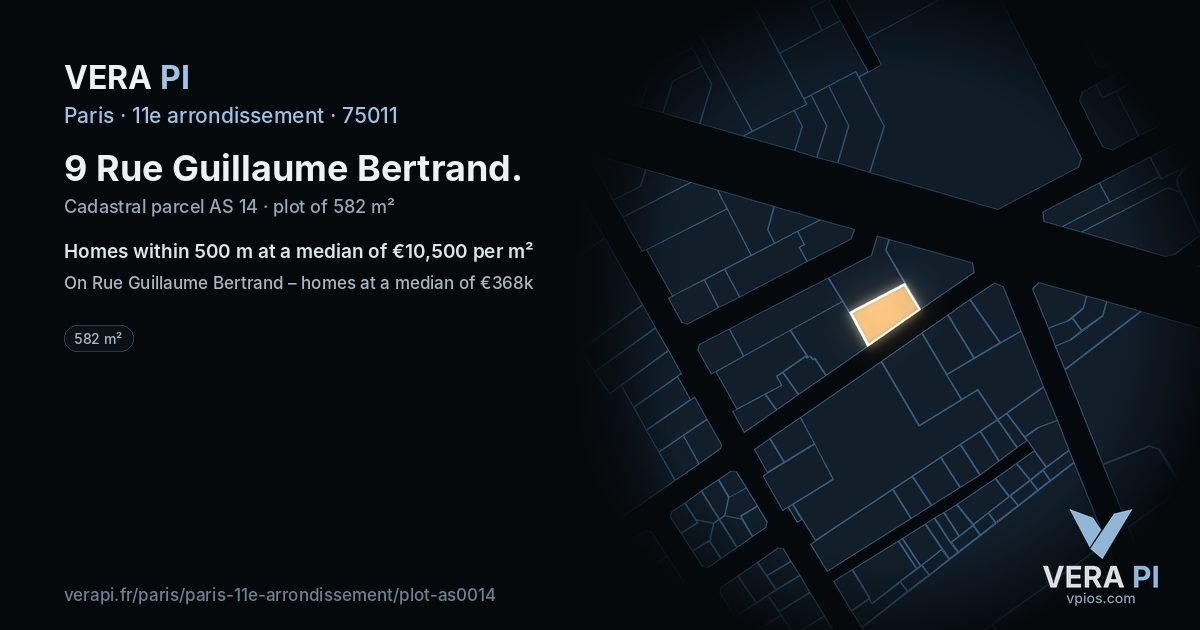 9 Rue Guillaume Bertrand, 11e arrondissement at night – the plot lit, the parcels around coloured by the prices near them