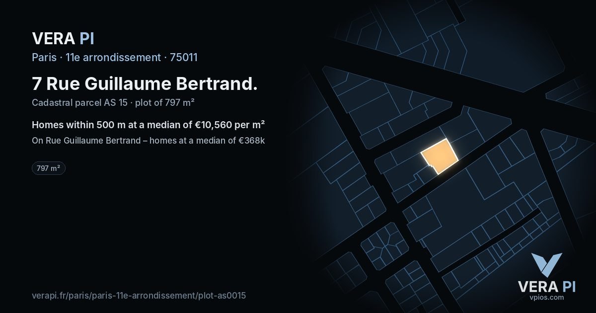 7 Rue Guillaume Bertrand, 11e arrondissement at night – the plot lit, the parcels around coloured by the prices near them
