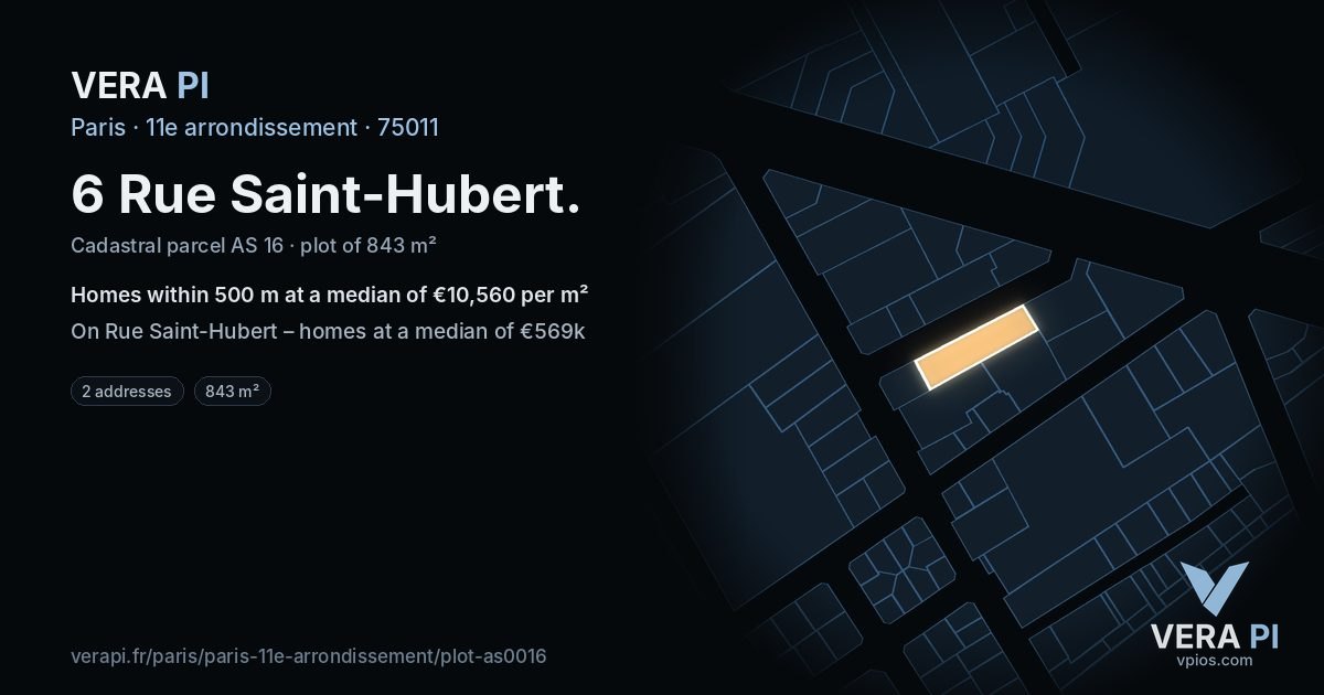 6 Rue Saint-Hubert, 11e arrondissement at night – the plot lit, the parcels around coloured by the prices near them