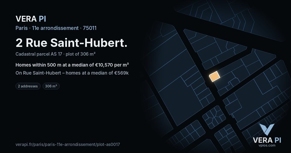 2 Rue Saint-Hubert, 11e arrondissement at night – the plot lit, the parcels around coloured by the prices near them
