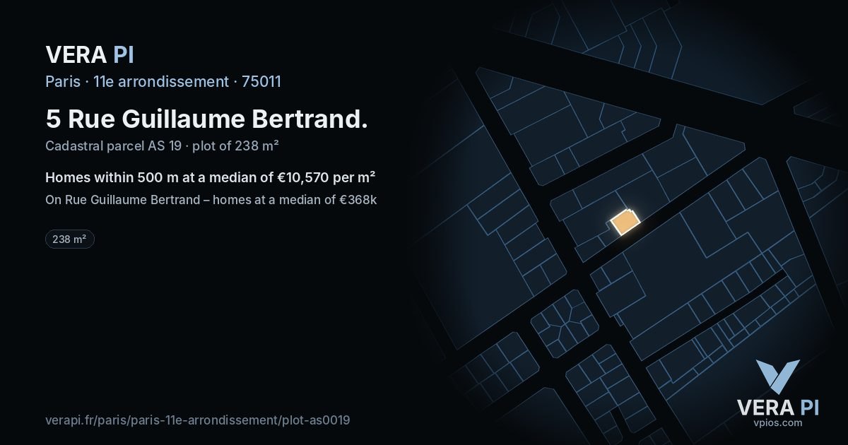 5 Rue Guillaume Bertrand, 11e arrondissement at night – the plot lit, the parcels around coloured by the prices near them