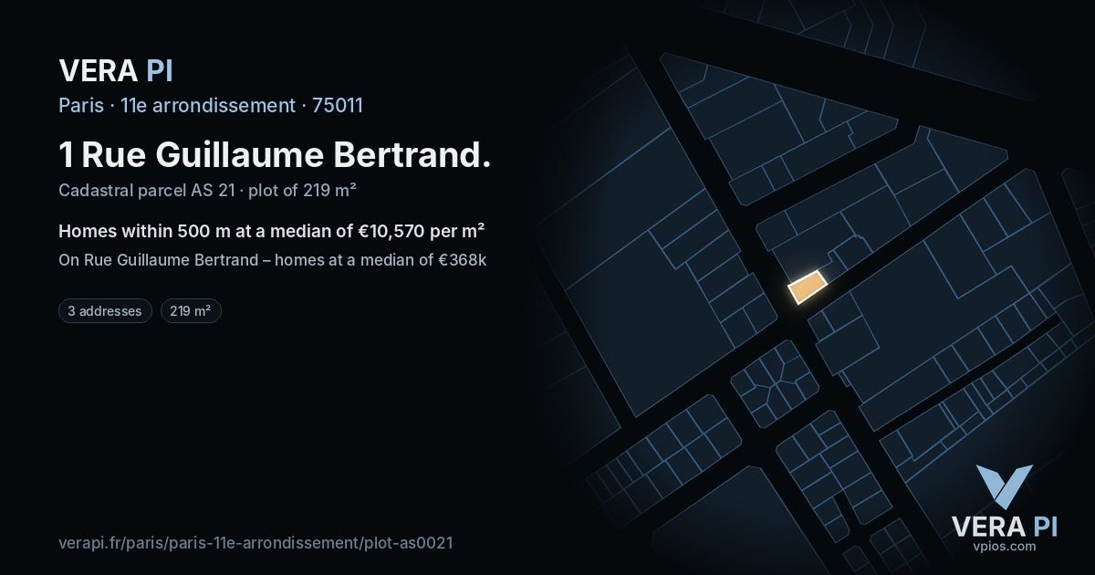 1 Rue Guillaume Bertrand, 11e arrondissement at night – the plot lit, the parcels around coloured by the prices near them