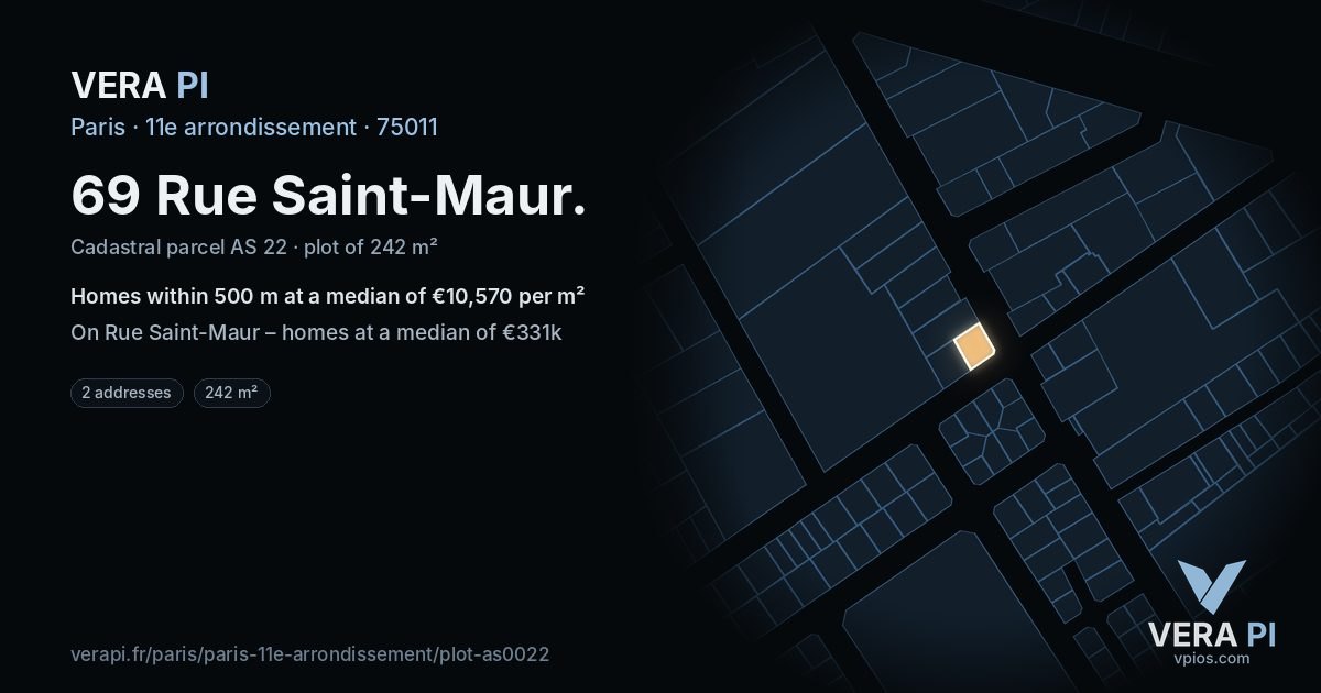 69 Rue Saint-Maur, 11e arrondissement at night – the plot lit, the parcels around coloured by the prices near them