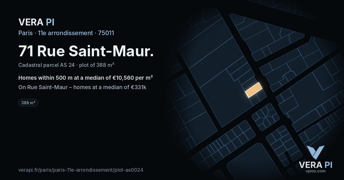 71 Rue Saint-Maur, 11e arrondissement at night – the plot lit, the parcels around coloured by the prices near them