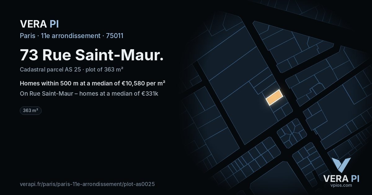 73 Rue Saint-Maur, 11e arrondissement at night – the plot lit, the parcels around coloured by the prices near them