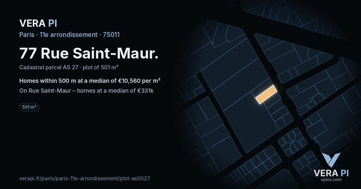77 Rue Saint-Maur, 11e arrondissement at night – the plot lit, the parcels around coloured by the prices near them