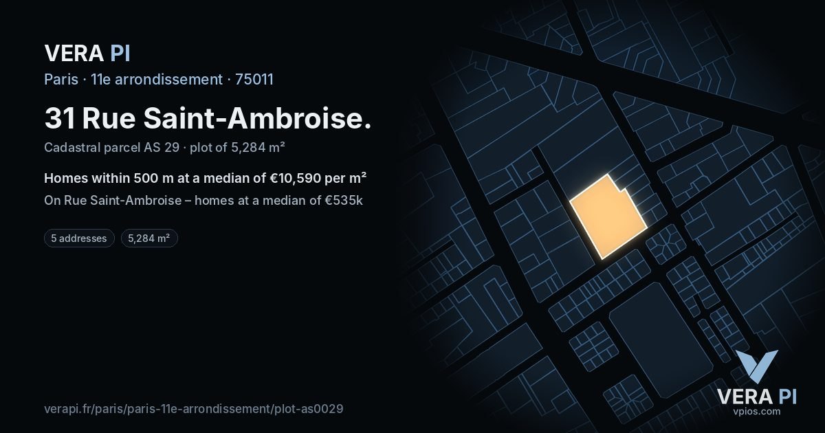 31 Rue Saint-Ambroise, 11e arrondissement at night – the plot lit, the parcels around coloured by the prices near them
