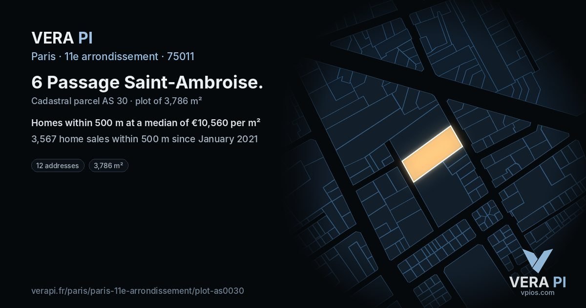 6 Passage Saint-Ambroise, 11e arrondissement at night – the plot lit, the parcels around coloured by the prices near them