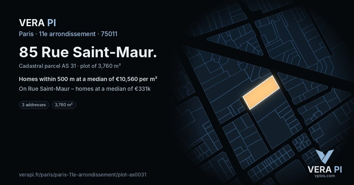 85 Rue Saint-Maur, 11e arrondissement at night – the plot lit, the parcels around coloured by the prices near them