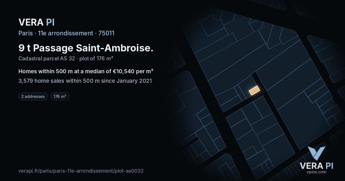 9 t Passage Saint-Ambroise, 11e arrondissement at night – the plot lit, the parcels around coloured by the prices near them