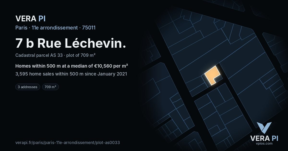 7 b Rue Léchevin, 11e arrondissement at night – the plot lit, the parcels around coloured by the prices near them
