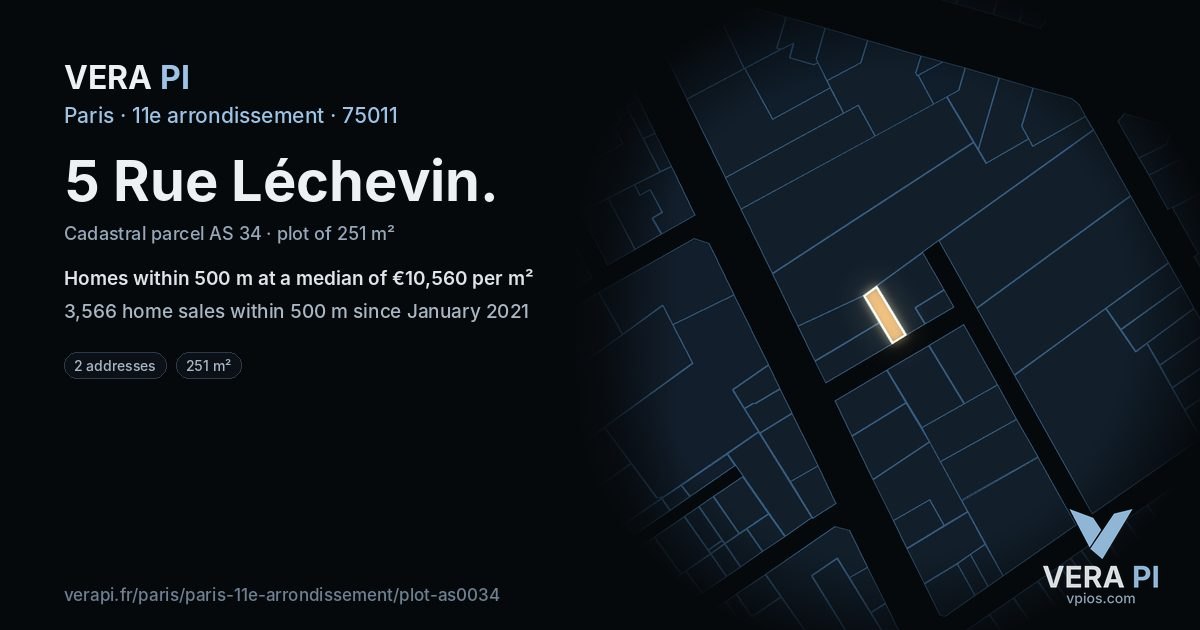 5 Rue Léchevin, 11e arrondissement at night – the plot lit, the parcels around coloured by the prices near them