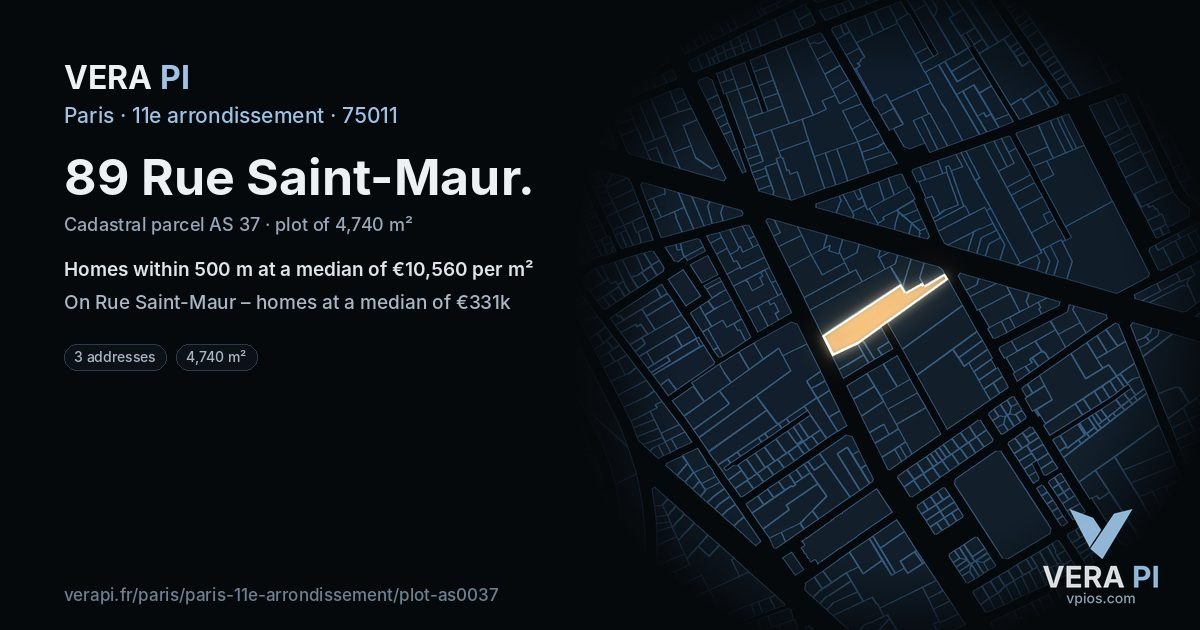 89 Rue Saint-Maur, 11e arrondissement at night – the plot lit, the parcels around coloured by the prices near them