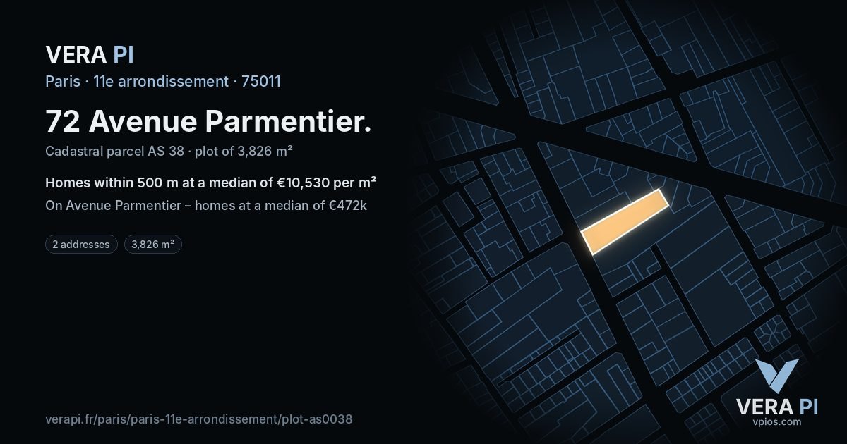 72 Avenue Parmentier, 11e arrondissement at night – the plot lit, the parcels around coloured by the prices near them