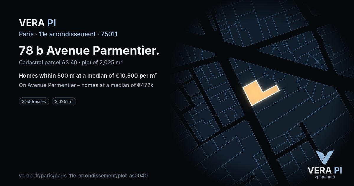 78 b Avenue Parmentier, 11e arrondissement at night – the plot lit, the parcels around coloured by the prices near them