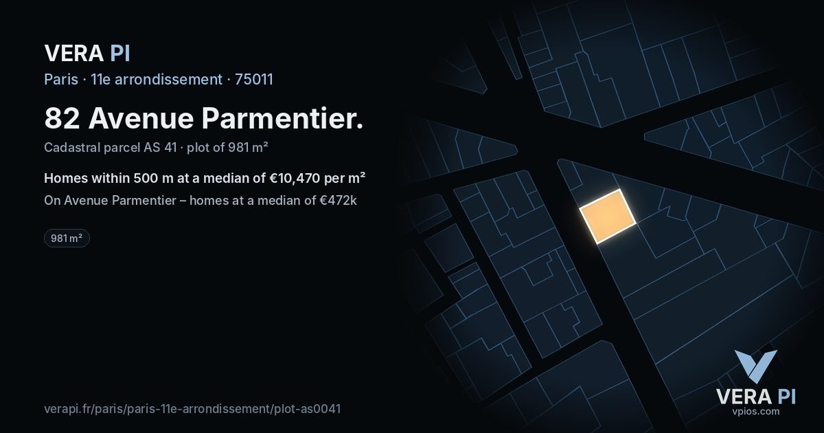 82 Avenue Parmentier, 11e arrondissement at night – the plot lit, the parcels around coloured by the prices near them