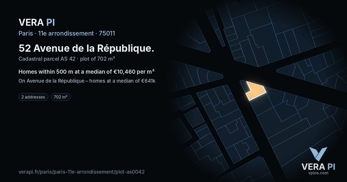 52 Avenue de la République, 11e arrondissement at night – the plot lit, the parcels around coloured by the prices near them