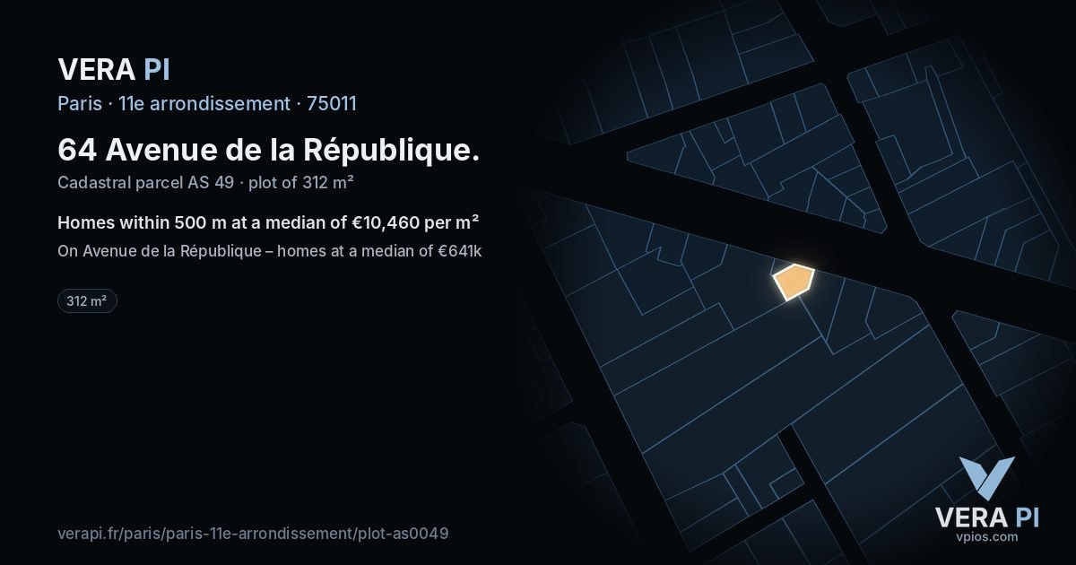 64 Avenue de la République, 11e arrondissement at night – the plot lit, the parcels around coloured by the prices near them