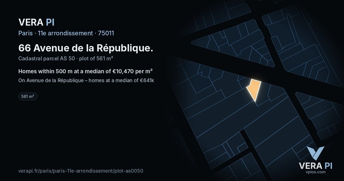 66 Avenue de la République, 11e arrondissement at night – the plot lit, the parcels around coloured by the prices near them