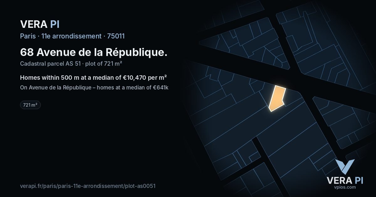 68 Avenue de la République, 11e arrondissement at night – the plot lit, the parcels around coloured by the prices near them