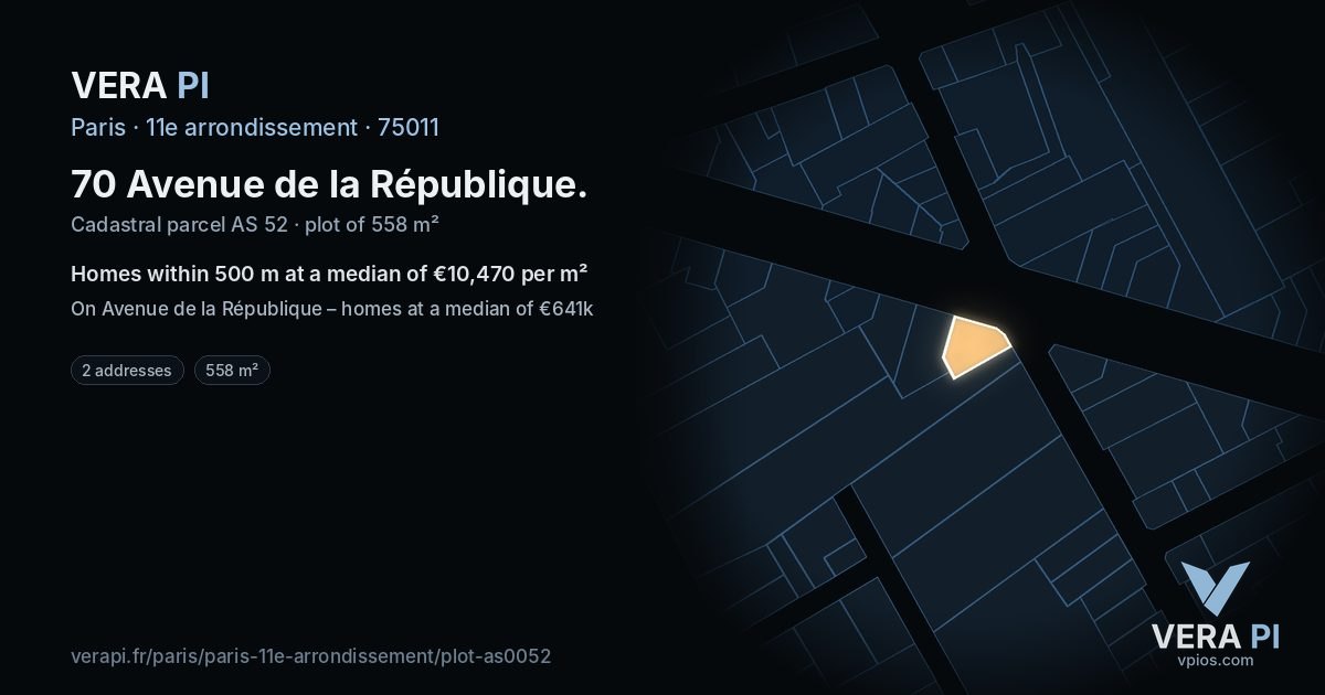 70 Avenue de la République, 11e arrondissement at night – the plot lit, the parcels around coloured by the prices near them