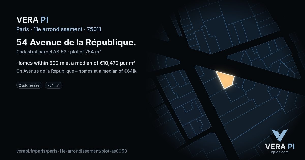54 Avenue de la République, 11e arrondissement at night – the plot lit, the parcels around coloured by the prices near them