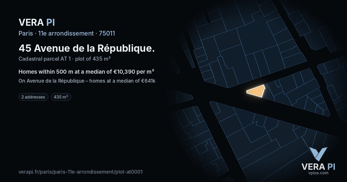 45 Avenue de la République, 11e arrondissement at night – the plot lit, the parcels around coloured by the prices near them
