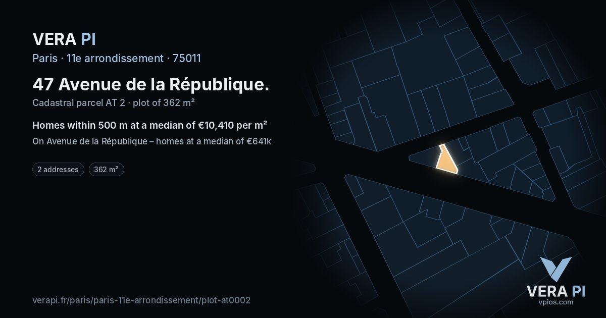 47 Avenue de la République, 11e arrondissement at night – the plot lit, the parcels around coloured by the prices near them