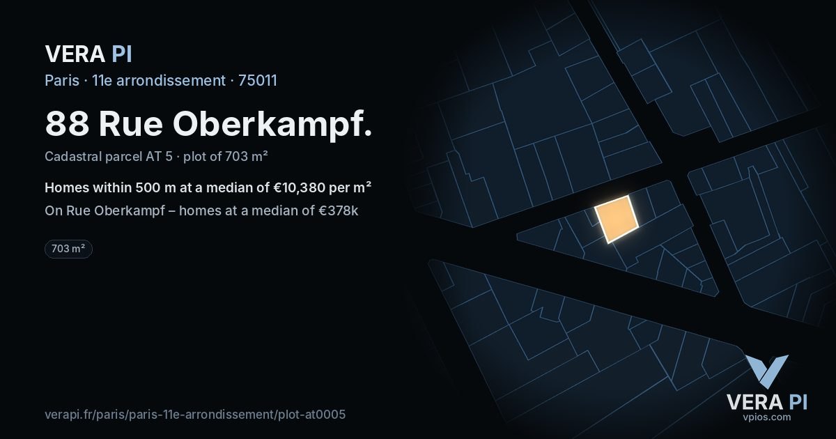 88 Rue Oberkampf, 11e arrondissement at night – the plot lit, the parcels around coloured by the prices near them