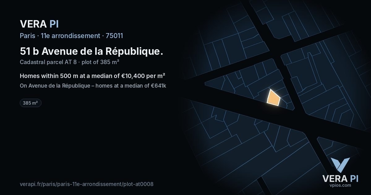 51 b Avenue de la République, 11e arrondissement at night – the plot lit, the parcels around coloured by the prices near them
