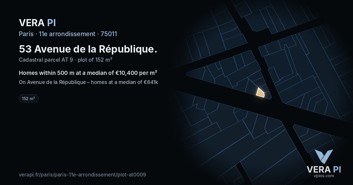 53 Avenue de la République, 11e arrondissement at night – the plot lit, the parcels around coloured by the prices near them
