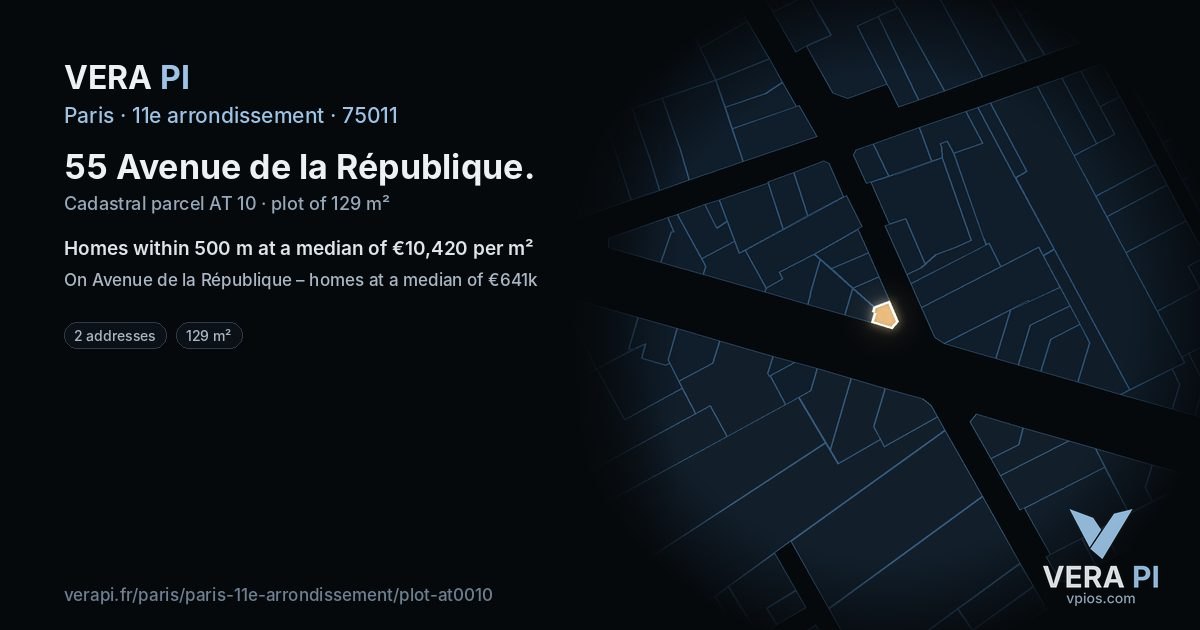 55 Avenue de la République, 11e arrondissement at night – the plot lit, the parcels around coloured by the prices near them